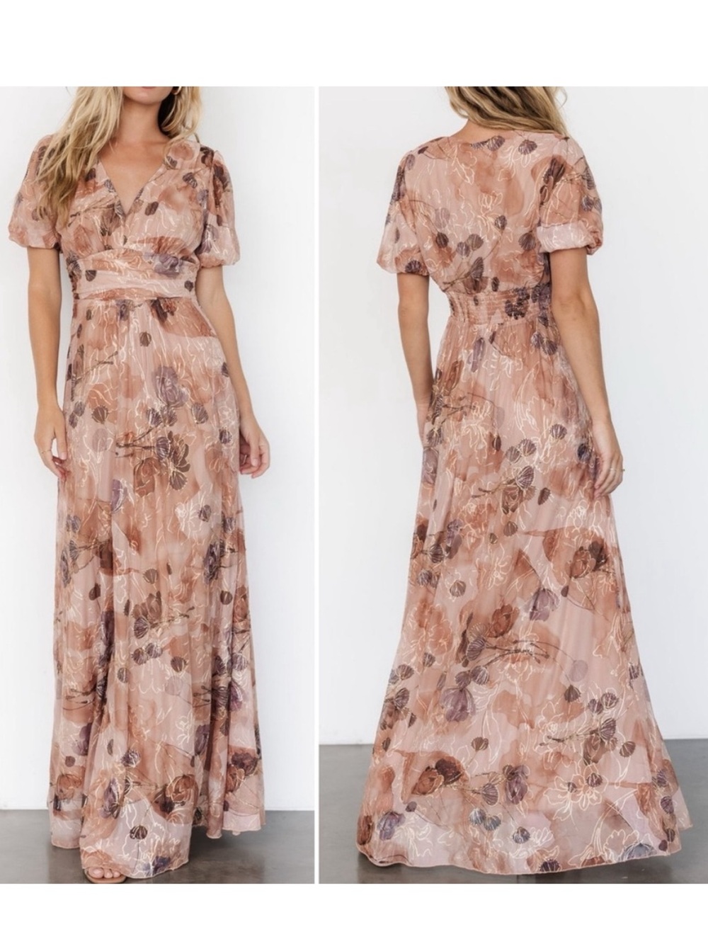 Baltic Born Ardley Maxi Dress Taupe Floral V-Neck Gold Embroidered Mesh Gown Med